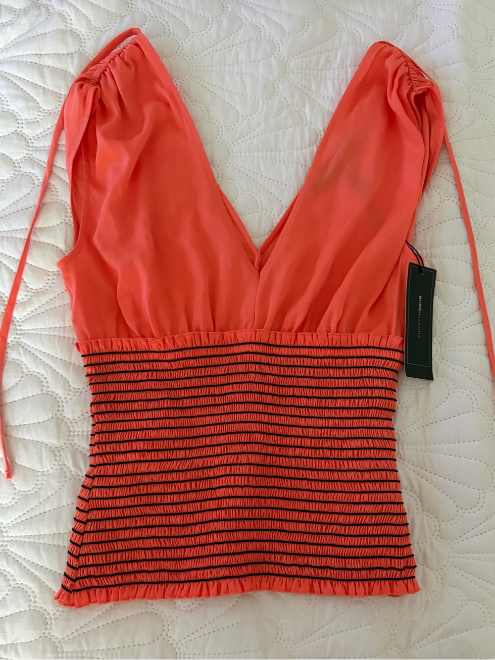 BCBGMaxAzria Coral V-Neck Smocked Tank with Tie Straps